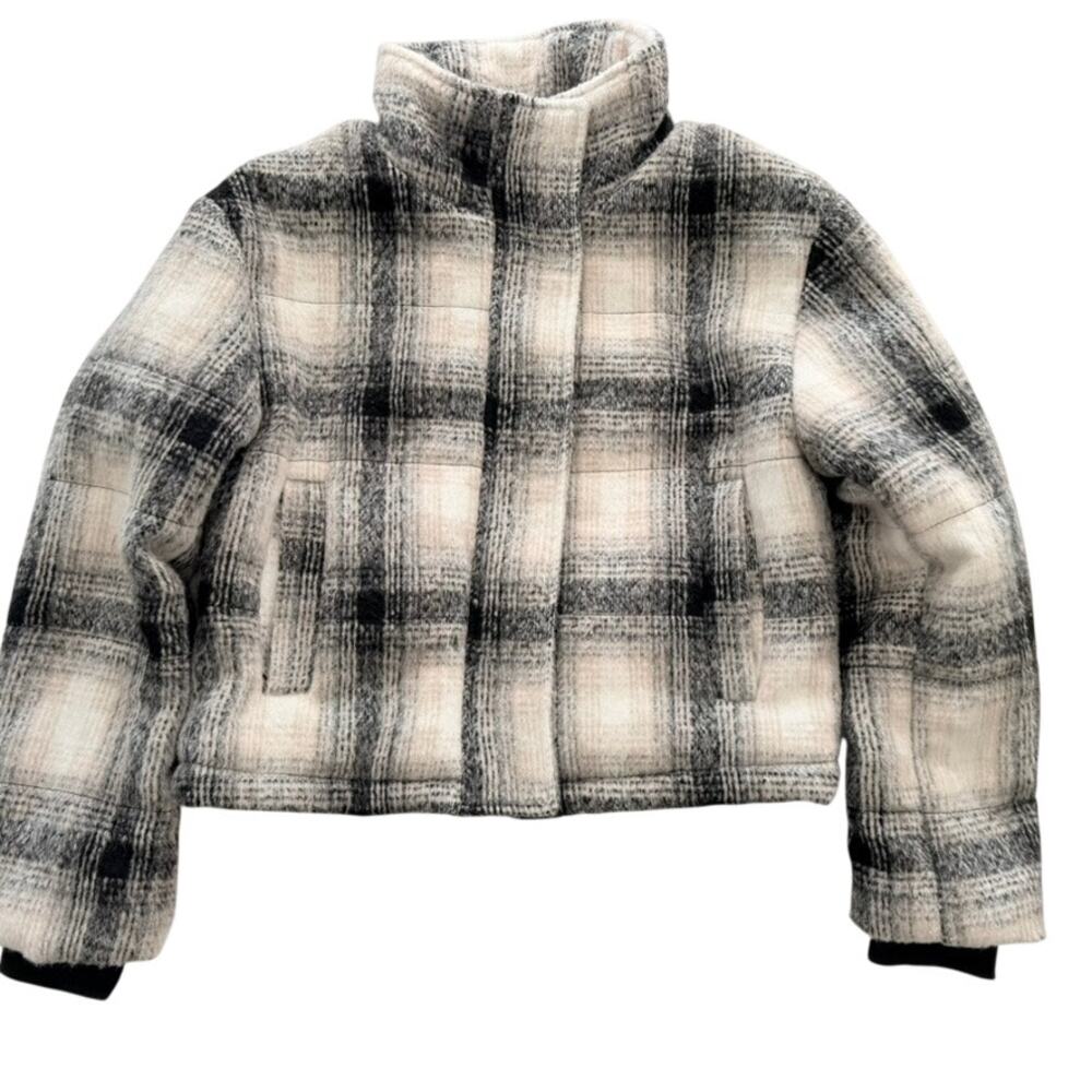 Anthropologie Avec Les Filles Plaid Puffer Jacket Cream Black Size Large